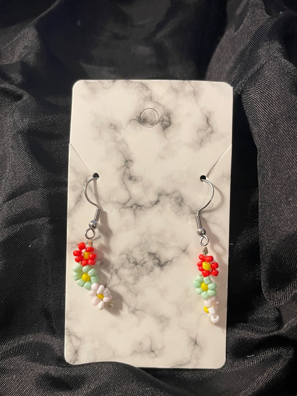 Handmade Floral Seed Bead Dangle Earrings - Red, Green, Yellow, Pink